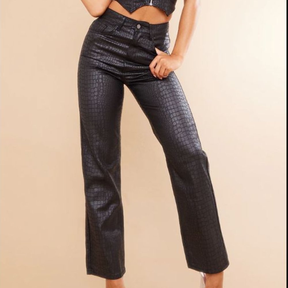 Pretty Little Thing Black Croc Print Coated Straight Leg Jeans